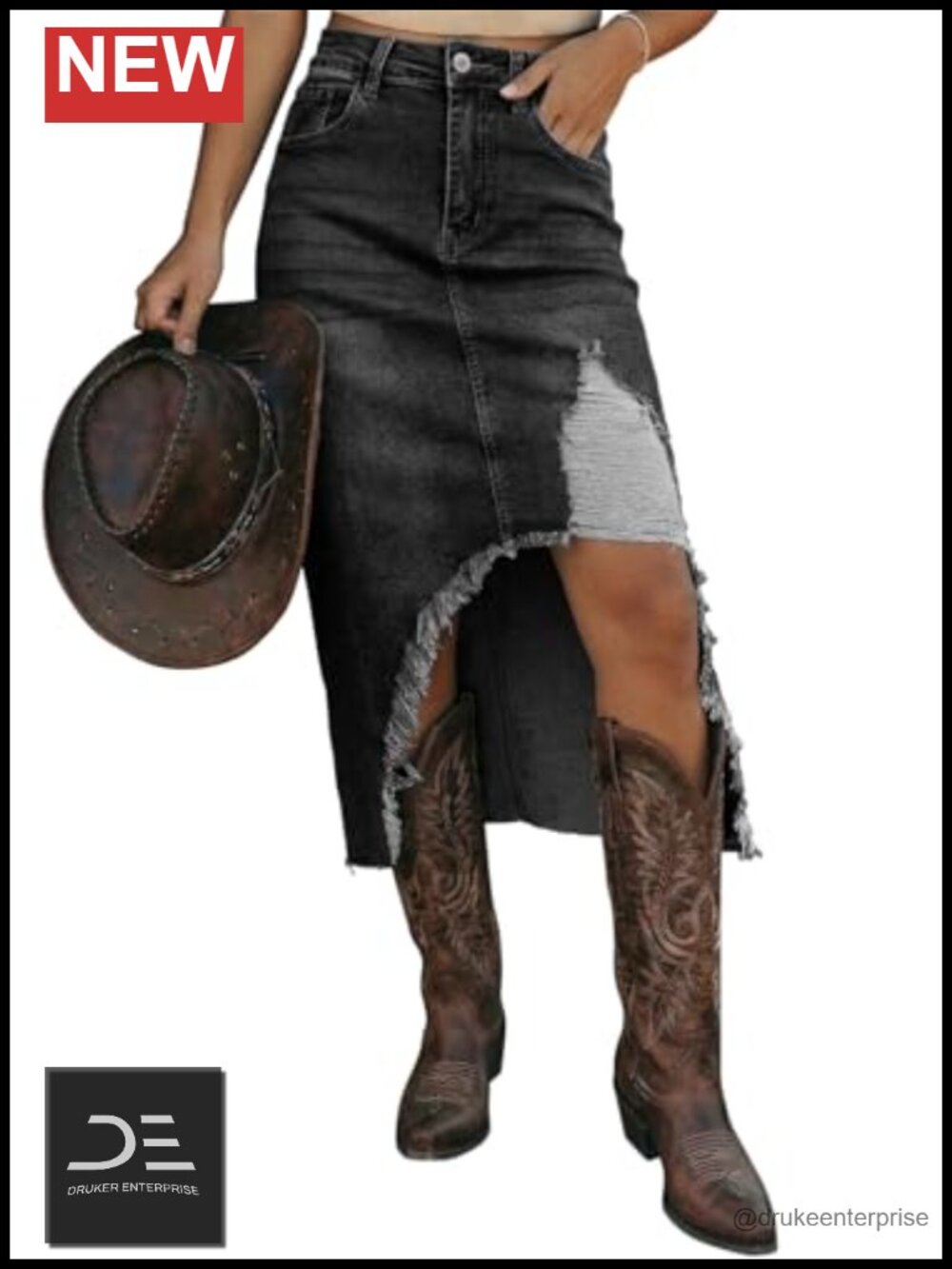 High Waisted Denim Skirt Distressed Ripped Midi Jean Skirt Button Front